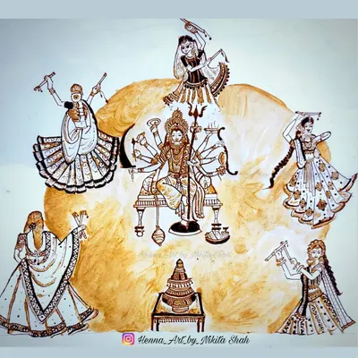 Aavi nav navratri re! My complete Navratri-themed henna painting, celebrating the goddess Ambe Maa surrounded by garba and dandiya dancers.