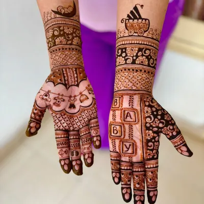 A full view of the custom baby shower mehendi for Akansha. The design is filled with personal touches and celebratory motifs perfect for welcoming a new baby.