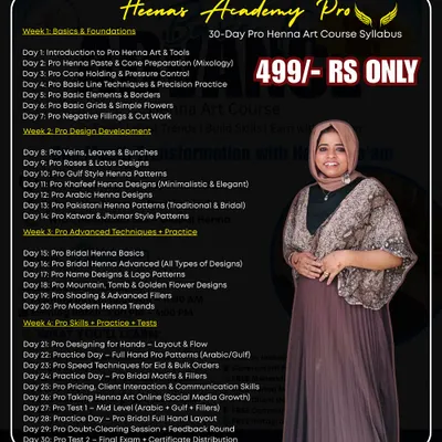 This is the detailed 30-day syllabus for my Heenar Academy Pro course, priced at just 499 RS. It covers everything from basics and design development to pro skills and client management.