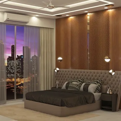 A 3D render of a luxurious master bedroom with a stunning city view at dusk. This visualization helps clients see how materials like the tufted headboard and wood paneling will look with ambient lighting.