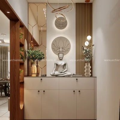 A serene and modern foyer unit designed to create a peaceful entrance. The design features a Buddha statue, elegant wall art, and integrated storage for a clutter-free look.