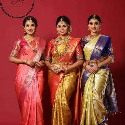 A beautiful photoshoot showcasing traditional bridal elegance. I created three distinct but complementary South Indian bridal looks, each featuring a different Kanjeevaram saree, hairstyle, and jewellery set.