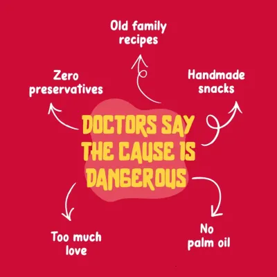 This graphic playfully explains what makes our food so special. The main ingredients are old family recipes, handmade care, zero preservatives, no palm oil, and a whole lot of love.