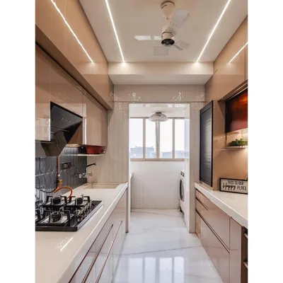 This is a full view of a sleek, modern galley kitchen. I used high-gloss cappuccino-colored acrylic cabinets for a seamless look, paired with a durable white countertop. The linear lighting on the ceiling illuminates the entire workspace effectively.