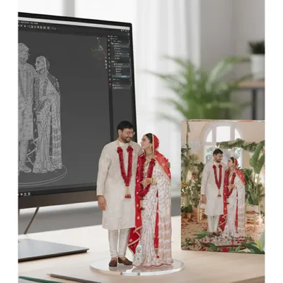 A perfect wedding keepsake. We can create a detailed 3D miniature of you in your wedding attire, capturing your special day in a unique way.