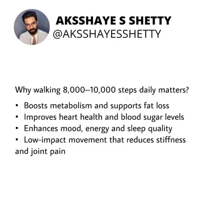 Why does walking 8,000-10,000 steps daily matter so much? It boosts your metabolism to support fat loss, improves heart health and blood sugar levels, and enhances your mood and sleep quality. It's a low-impact movement that also reduces joint pain.