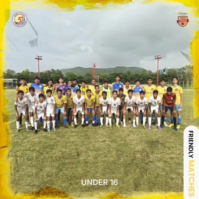 Our combined U15 and U16 squad lines up with the Reliance Foundation Young Champs (RFYC) U14 team for a friendly match.
