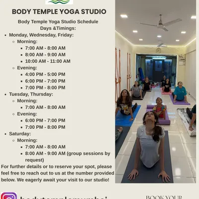 This is our complete studio schedule with timings for morning and evening batches throughout the week. You can book your spot by calling or messaging us at the numbers provided.