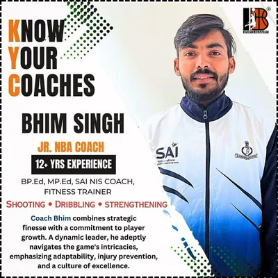 Meet Coach Bhim Singh, also known as Bhanu Sir. With over 12 years of experience and qualifications as a Jr. NBA and SAI NIS coach, he specializes in shooting, dribbling, and strengthening.