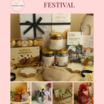 This is a classic festival hamper, perfect for Diwali. It's packed with Ferrero Rocher, almond brittle, artisanal chocolate, and assorted jars, all presented in an elegant box with a black ribbon.