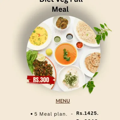 This is our menu for the Diet Veg Full Meal. It shows the price per meal and discounted rates for our 5, 10, and 20 meal subscription plans, making it easy for you to choose a plan that works for you.