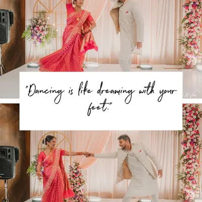 "Dancing is like dreaming with your feet." This collage captures the couple's graceful first dance at their engagement, a perfect start to their journey.