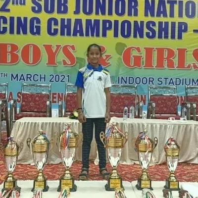 A defining moment at the 22nd Sub Junior National Fencing Championship. Our fencer Charvi stands proudly with her trophies after winning an individual Gold in Foil and a team Bronze.