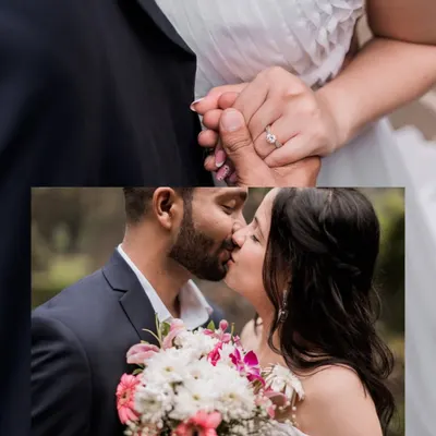 A beautiful collage capturing two intimate moments. The close up on the engagement ring and the tender kiss show the different facets of a post-proposal glow.