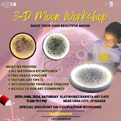 Our workshop flyer for the 3D Moon Workshop. We provide all materials, a snack voucher, and access to our art community.