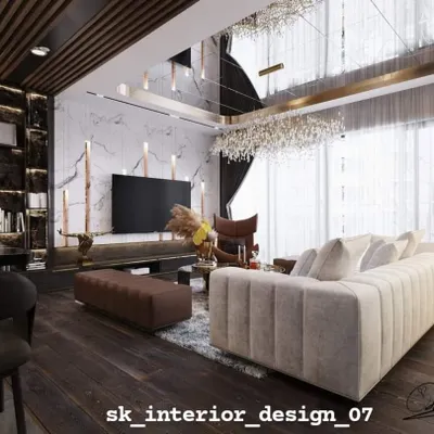 A breathtaking living room design featuring a dark wood floor and a stunning mirrored ceiling that reflects the custom chandelier, amplifying light and luxury. We used a mix of textures, from the plush sofa to the marble TV wall with an integrated bookshelf, to create a rich, layered interior.