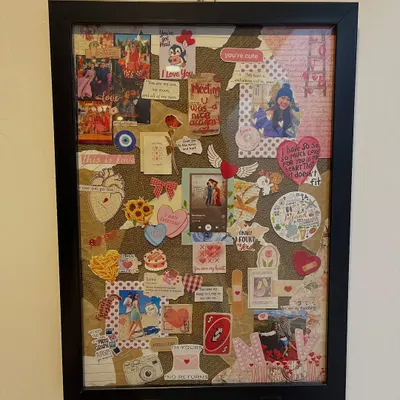 A vibrant collage celebrating a couple's love story. This frame is packed with personal photos, a Spotify song code, cute stickers like penguins and hearts, and even an Uno reverse card, capturing all the fun and quirky inside jokes.
