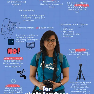 An infographic sharing my essential tips for photographers. I cover everything from camera gear and shooting in RAW to editing tools and business advice, positioning myself as an educator in the field.