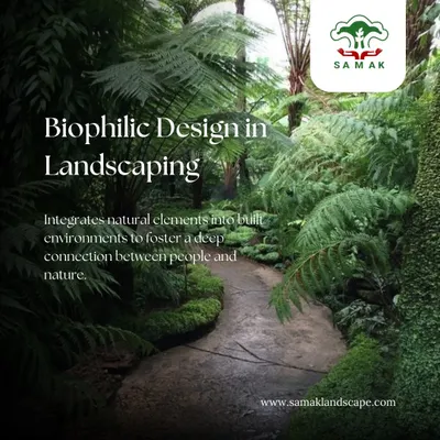 This image explains our philosophy of Biophilic Design, which is about integrating natural elements into built environments. We create landscapes like this lush, shaded pathway to foster a deep, restorative connection between people and nature.