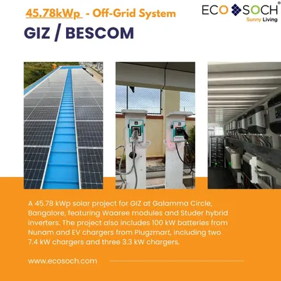 This 45.78 kWp off-grid solar project for GIZ at Galamma Circle includes EV chargers from Plugzmart. The system uses Waaree modules and Studer hybrid inverters, along with 100 kW batteries, to power both the facility and the EV charging stations.