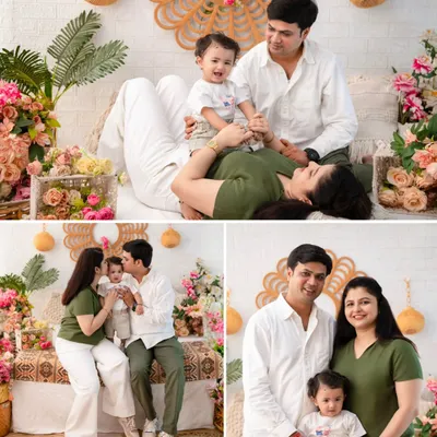 A collage of family joy. This series of photos shows a family of three in our boho-chic setup, capturing a mix of posed smiles and candid, playful interactions.