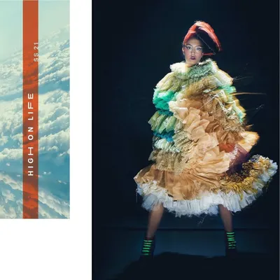 A look from the 'UNRUFFLED' series, featuring a multi-textured, ruffled dress that creates an explosion of color and form. The styling here is about creating a wearable sculpture that feels both chaotic and beautiful.