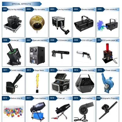 A look at our catalog of special effects equipment. We have everything from dry ice and low fog machines to smoke jets, bubble machines, and confetti blasters to add that extra flair to your event.