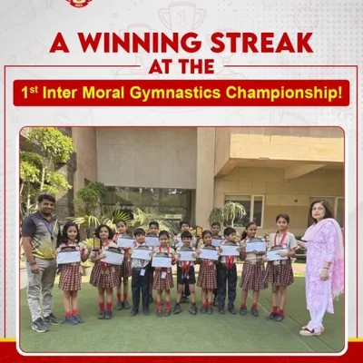 This poster celebrates our students' winning streak at the 1st Inter Moral Gymnastics Championship. Our boys' team won the Team Championship Trophy, and the girls' team secured 2nd place, showcasing the depth of talent at our school.