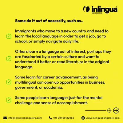 An infographic explaining the various reasons people learn a new language, from necessity and career advancement to cultural interest and mental challenge.