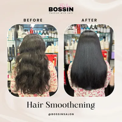 Silky, sleek, and oh-so-smooth. This before and after shot shows a flawless, frizz-free shine achieved with our expert hair smoothening treatment.