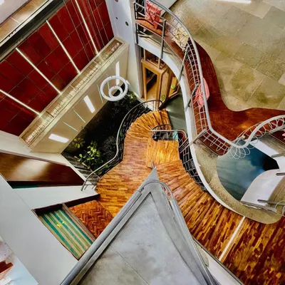 We design spaces that encourage you to flow, not just walk. This top-down view captures the organic geometry of a staircase as it winds through the home, a perfect example of creating fluid movement in architecture.