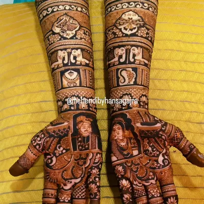 This is more than mehendi, it's a love story etched in henna. I specialize in creating these detailed bridal portraits on the palms, surrounded by traditional motifs that flow up the arms, telling a story that is uniquely yours.