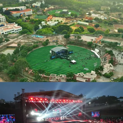 A day-and-night comparison of the Acharya Habba 2024 festival grounds. The top aerial shot shows the large venue setup during the day, while the bottom shot captures the electrifying atmosphere created by stage lights after dark.