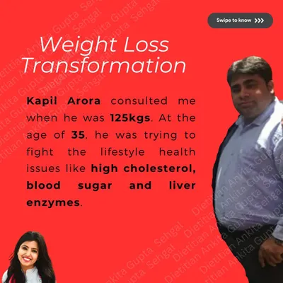 This is the power of a consistent, balanced diet. My client Kapil Arora came to me at 125 kgs, struggling with high cholesterol and blood sugar. In just 4 months, with a plan focused on manageable home-cooked meals, he lost 25 kgs and his health markers improved significantly.