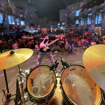 A view from the drum kit at our recent corporate show for Ernst & Young in Pune. We love performing at corporate gigs where the energy is all about fun and celebration.