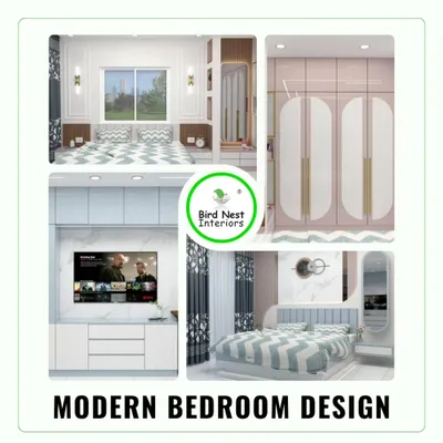 A collage showcasing a complete modern bedroom design. We included a stylish bed with a chevron-patterned bedspread, a sleek TV unit, and a full-wall wardrobe with elegant, rounded-edge doors.