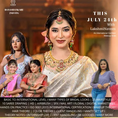 This poster details my comprehensive professional makeup course, covering everything from basic to international level skills, including HD makeup, airbrush, 25 hairstyles, and 10 saree draping styles.