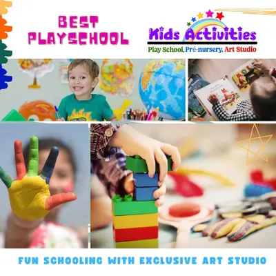 A collage showcasing the fun and learning at our playschool and art studio. From painting with hands to building with blocks, we provide a home away from home where children can explore and discover.