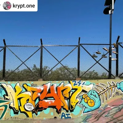 A classic graffiti piece by artist Krypt.one at the Carter Road Skate Park. The sharp, stylized lettering is paired with a cartoon fish skeleton, a perfect fit for the location.