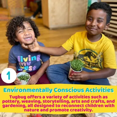 Two happy children holding the small plants they've potted. Our gardening activities are designed to be environmentally conscious and reconnect children with nature.