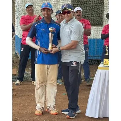 A U-14 player receives the Man of the Series award for his exceptional all-round performance, contributing significantly with both bat and ball.