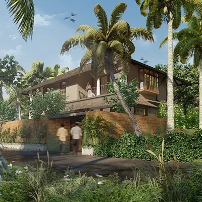 A rendering of the Calangute villa's approach, nestled among lush greenery. The design is integrated into the landscape, creating a sense of arrival that feels natural and welcoming, hinting at the private tropical sanctuary within.