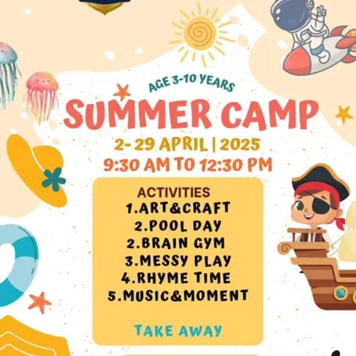Our Jayanagar summer camp is packed with weekly themes like Ocean Adventures and Pirate Quests. Activities include art, pool days, messy play, and fireless cooking for kids aged 3-10.