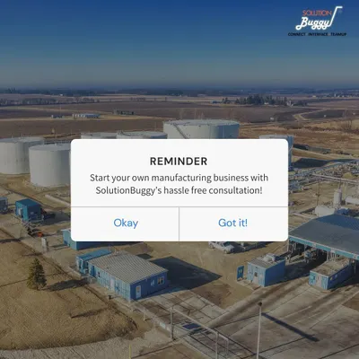 This graphic serves as a simple but effective reminder of our core offer. We provide hassle-free consultation to help you start your own manufacturing business, with a backdrop of a large-scale industrial plant.