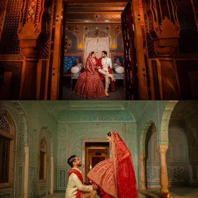 Two portraits from Aniket and Niharika's wedding at Samode Palace. The top image shows them seated in a regal alcove, while the bottom captures a playful, romantic moment, highlighting the versatility of the venue for different moods.