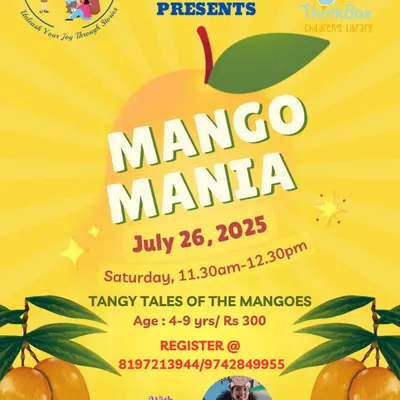 An event poster for "Mango Mania," a tangy and fun storytelling session for young children.