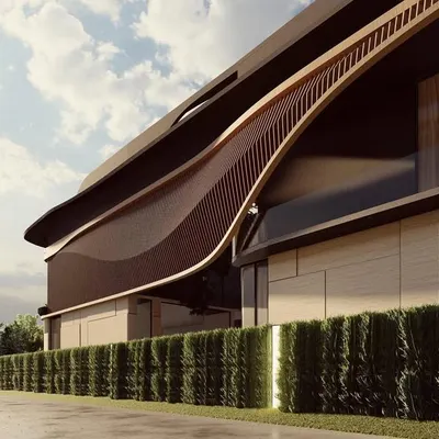 This render for a project in Amritsar showcases a facade with a dramatic, wave-like wooden element. This design explores fluidic forms in commercial architecture, creating a building that is both a structure and a sculpture.