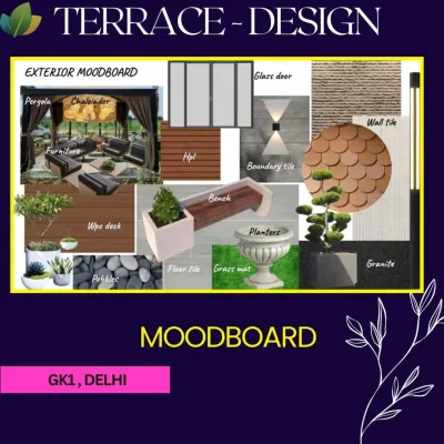 An exterior moodboard for our GK1 terrace project. This is where we define the visual direction, selecting materials like WPC decking, wall tiles, planters, and furniture to create a cohesive modernistic theme.