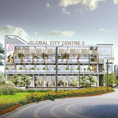 The Global City Centre 2 in Gurgaon is a prime example of rethinking commercial space. The facade is designed for high visibility, with large glass storefronts on the ground floor and open terraces for the upper-level amenities.