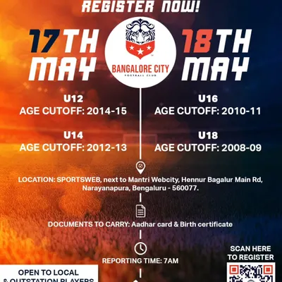 Your journey to professional football starts here. Our trial dates for various age groups are announced regularly. We are looking for committed players from Bangalore and across the country to join our U12, U14, U16, and U18 teams.